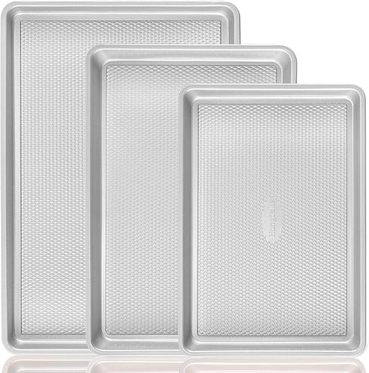 HONGBAKE Baking Sheet Pan Set, Cookie Sheets for Oven, Nonstick Half/Quarter/Jelly Roll Pans with Diamond Texture Pattern, Heavy Duty Cookie Tray, Silver