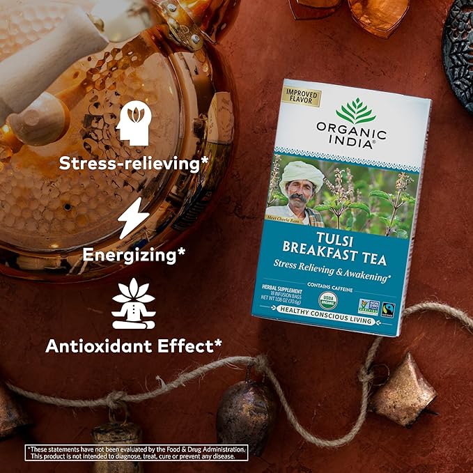 ORGANIC INDIA Tulsi Breakfast Herbal Tea - Black Tea, Holy Basil, Relieve Stress & Energize, USDA Organic, Non-GMO, Caffeinated - 18 Bags, 3 Pack