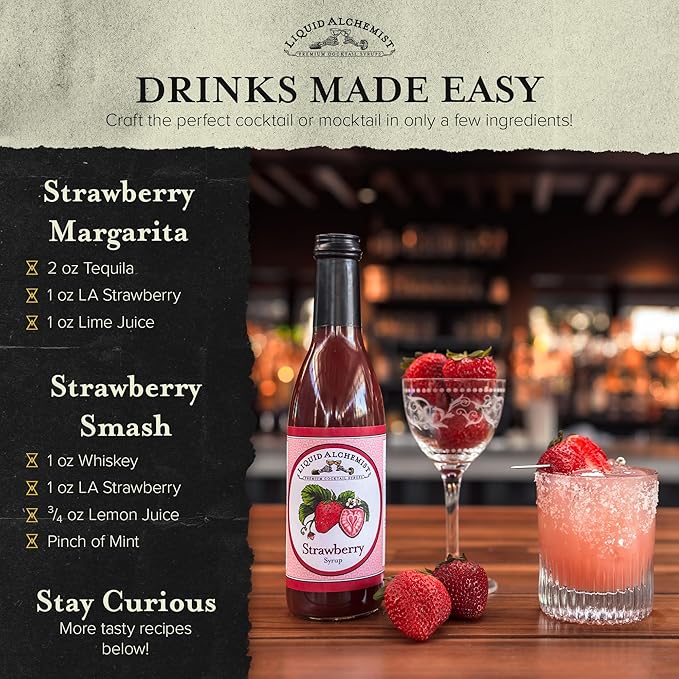 Liquid Alchemist Strawberry Syrup for Drinks - Real Ingredients Make our Strawberry Puree for Drinks a Perfect Margarita Mix - Our Flavored Syrup is Gluten & Dairy Free (25 oz)
