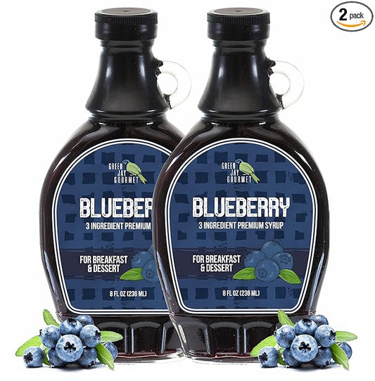 Green Jay Gourmet Blueberry Syrup - 3 Ingredient Premium Breakfast Syrup with Fresh Blueberries, Cane Sugar & Lemon Juice - All-Natural, Non-GMO Pancake Syrup, Waffle Syrup & Dessert Syrup - 2 x 8 Oz