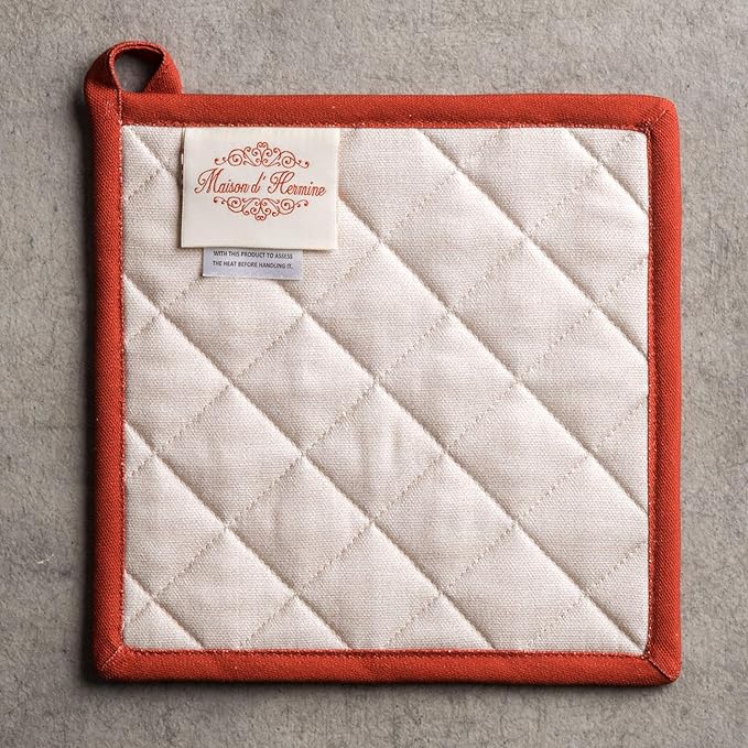 Maison d' Hermine Pot Holders 100% Cotton Heat Resistant Potholders 8" x 8" Hot Pads with Loop BBQ, Cooking, Baking, Grilling, Kitchen, Handling Hot Pans (Pack of 1, Potiron)