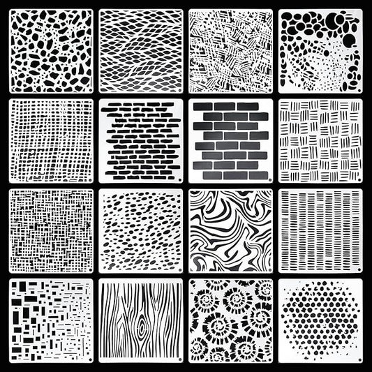 16Pcs Geometric Pattern Stencils for Crafts 6x6 Inch Brick Dot Layering Stencils for Painting on Wood Mixed Media Texture Stencil for Painting on Walls Furniture Fabric Canvas Card Making