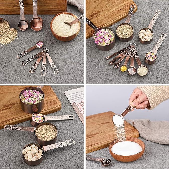 Copper Measuring Cups and Spoons Set, Stainless Steel Measuring Tools Set for Baking & Kitchen, Metric & US 4 Copper Plated MeasureCups and 5 Measure Spoons with Leveler for Wet & Dry