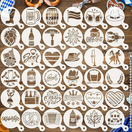 JULBEAR 36 Pieces Reusable Oktoberfest Cookie Cake Stencils Bavarian Style Templates Mold Tools for Oktoberfest Party Cookies Baking Painting Coffee Decoration