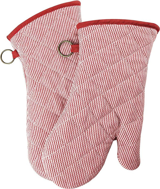1 Pair Yarn Dyed Oven Mitts 100% Cotton Heat Resistant 470 Degree Gloves Men Women Cooking Baking Barbecue BBQ Microwave Crafting Machine Washable Pot Holders Mittens (red2)