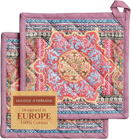 Maison d' Hermine Pot Holders Set 100% Cotton Heat Resistant Potholders 8" x 8" Hot Pads with Loop BBQ, Cooking, Baking, Grilling, Kitchen, Handling Hot Pans (Pack of 2, Ispahan)