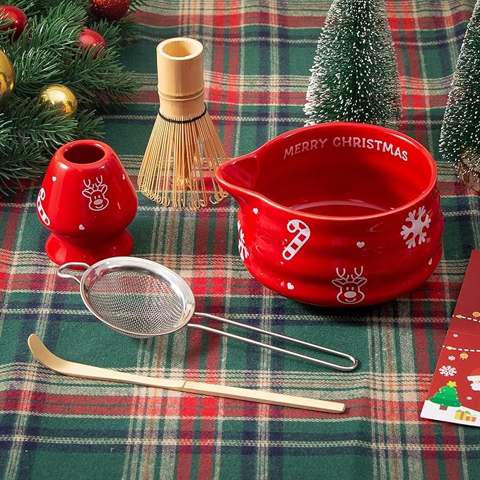 5pcs Premium Matcha Set,Ceramic Bowl with Spout and Bamboo Whisk set, Ceremonical Matcha Kit for breakfast/latte,Tea Starter Making Kit,Christmas Matcha Gift set (Reindeer Red)