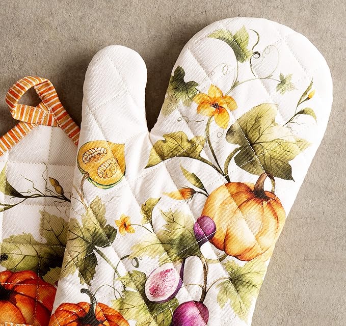 Maison d' Hermine 100% Cotton Oven Mitt & Pot Holder Set (7.5"x13" & 8"x8") Heat Resistant BBQ Cooking Gloves with Loop, Baking, Grilling, Kitchen, Handling Hot Pans (Pumpkin Garden - Cloudy Cream)