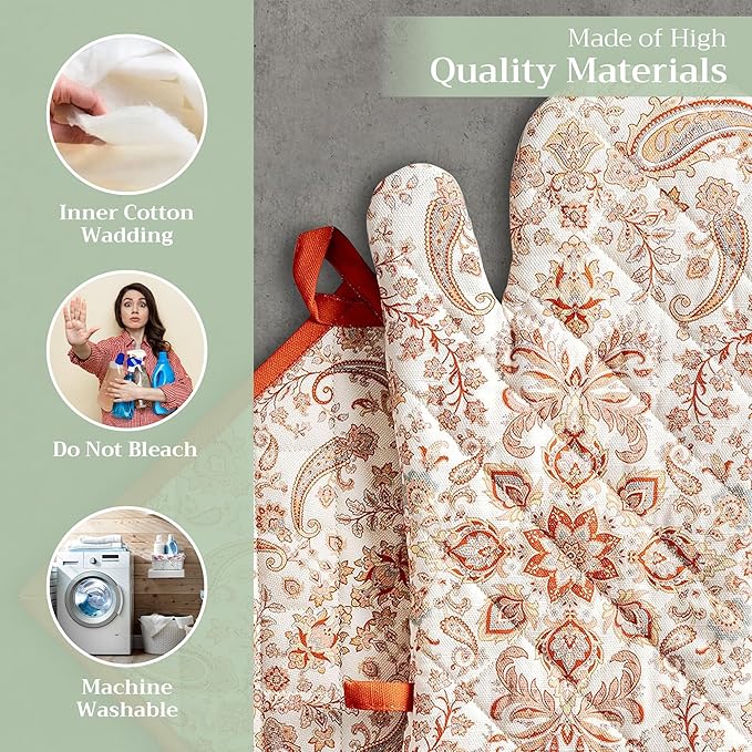 Maison d' Hermine 100% Cotton Oven Mitt & Pot Holder Set (7.5"x13" & 8"x8") Heat Resistant BBQ Cooking Gloves with Loop, Baking, Grilling, Kitchen, Handling Hot Pans (Cachemire)