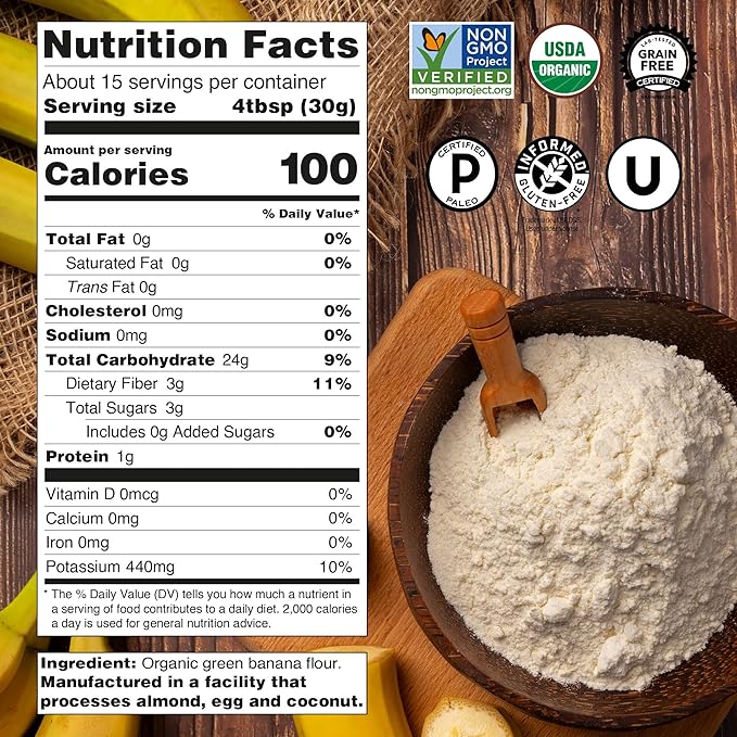 USDA Organic Banana Flour 1lb, Vegan, Paleo, Grain & Gluten Free, All-Purpose Wheat Flour Alternative, Great For Baking and Cooking, Just About Foods