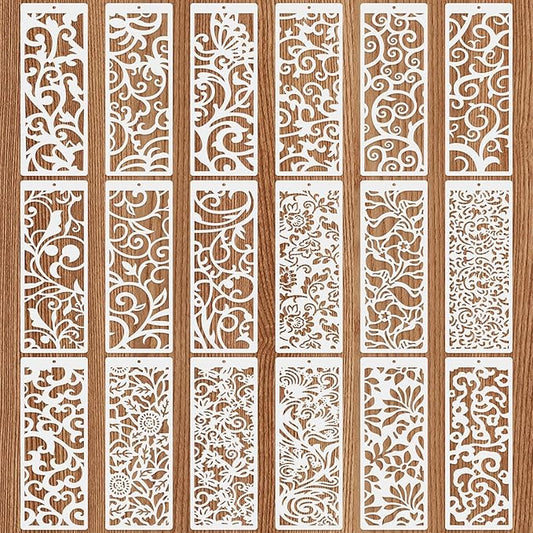 18 Pcs Large Flower Border Stencils for Painting, Reusable Plastic Leaf Cake Decorating Stencils for Baking, Hollowed Floral Edge Painting Templates for DIY Wood Wall Tile Furniture Canvas, 4" x 11.8"
