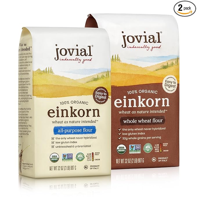 Jovial Organic Einkorn Whole Wheat & Unbleached All Purpose Flour - Bread Baking Flour for Sourdough, High Protein, Non-GMO, Organic Pizza & Pasta Flour, European Italian Flour - 32 Oz, 2 Pack