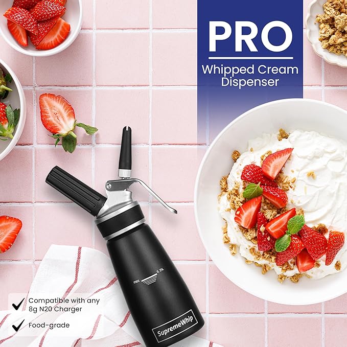 Pro Cream Dispenser, Durable High-Grip, Metal Lid with Rubber, 3 Nozzles, for Hot/Cold Use, Cleaning Brush Included, Black - 250ml/1 Pint