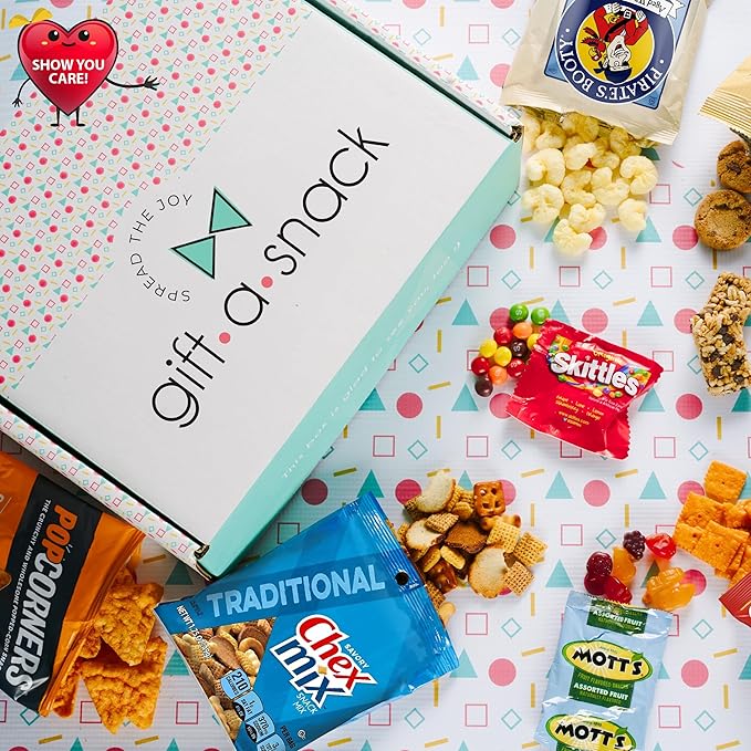 Gift A Snack - Thanksgiving, Holiday, Christmas Stocking Stuffer Snack Box Variety Pack Care Package + Greeting Card (100 Count) Birthday Sweet Treats Gift Basket, Candies Chips Crackers Bars