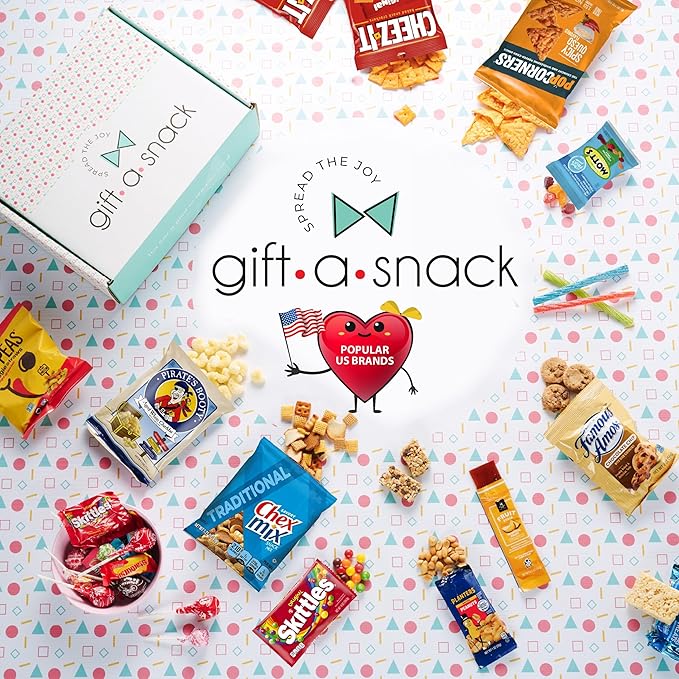 Gift A Snack - Thanksgiving, Holiday, Christmas Stocking Stuffer Snack Box Variety Pack Care Package + Greeting Card (100 Count) Birthday Sweet Treats Gift Basket, Candies Chips Crackers Bars