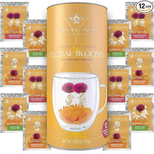 Teabloom Caffeine-Free Petite Blooming Teas - Gift Canister of 12 Assorted Flowering Teas - Ideal with Teabloom Borosilicate Glass Cups or Smaller Teapots