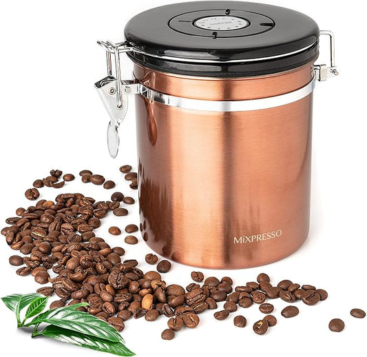 Mixpresso 16 Oz Copper Coffee Canister, Stainless Steel Airtight Coffee Container, Ground and Bean Storage with Date Tracker, Vacuum Sealed Espresso Airtight Container, Sugar Container