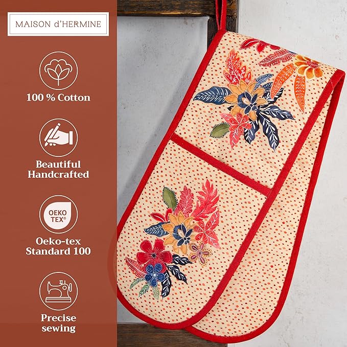 Maison d' Hermine Double Oven Mitts 100% Cotton 7"x35" Double Oven Mitt Heat Resistant BBQ Cooking Gloves with Loop, Baking, Grilling, Home, Kitchen, Handling Hot Pans (Kalahari)