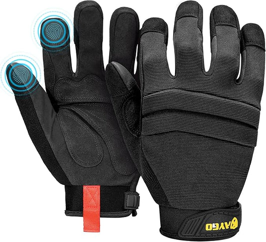 KAYGO Work Gloves For Men, KG125M Mechanic Utility Work Gloves for All Purpose, Excellent Grip, Heavy Duty, Improved Dexterity, Touch Screen,Black,M