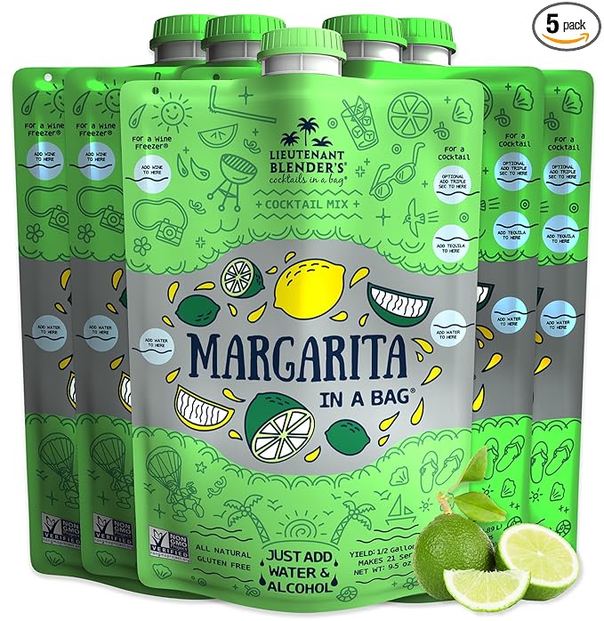 Lt. Blender's Margarita in a Bag - Margarita Mix - Each Bag Makes 1/2 Gallon of Frozen Margaritas – Non-GMO Cocktail Mix - No Blender Needed – Add Liquor, Wine or as a Mocktail (Pack of 5)