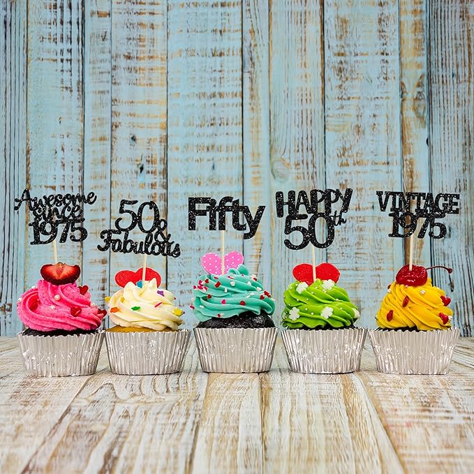 Gyufise 30Pcs Vintage 1975 Cupcake Toppers 50th Birthday Cake Decorations Cheers to 50 Fabulous Fifty Cupcake Picks 50th Birthday Wedding Anniversary Party Cake Decorations Supplies Black