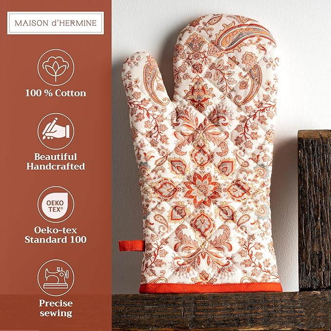 Maison d' Hermine Oven Gloves 100% Cotton Oven Mitt 7" x 13" with Loop Heat Resistant, BBQ, Cooking Gloves, Baking, Grilling, Kitchen, Handling Hot Pans (Pack of 1, Cachemire)