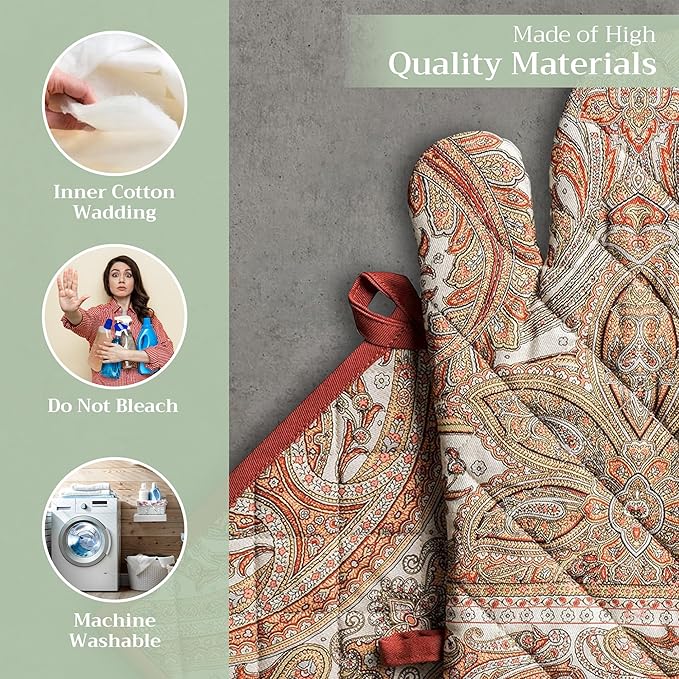 Maison d' Hermine 100% Cotton Oven Mitt & Pot Holder Set (7.5"x13" & 8"x8") Heat Resistant BBQ Cooking Gloves with Loop, Baking, Grilling, Kitchen, Handling Hot Pans (Kashmir Paisley)