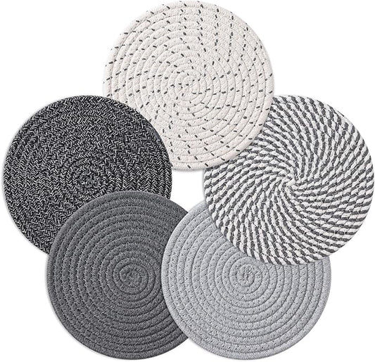 7 Inch Trivets for Hot Dishes, Pots and Pans, 5 Heat Resistant Pot Holders for Kitchen, Home Essentials, Hot Pads for Countertop and Table, Farmhouse Decor Vase Mats, Gray