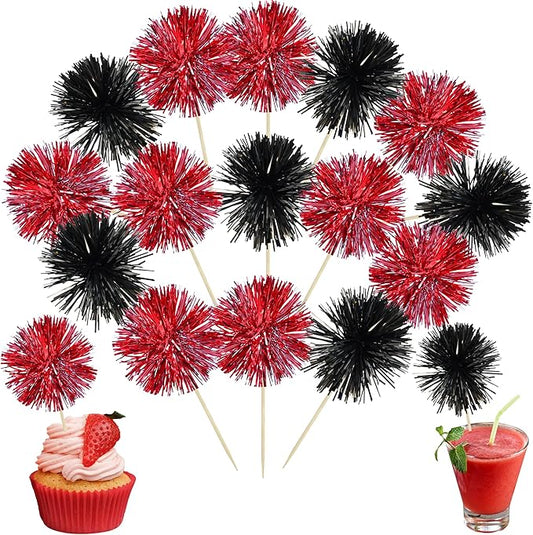 Ephlyn 30Pcs Foil Firework Cupcake Toppers Party Birthday Cake Toppers Supplies Sparkle Tinsel Cocktail Fruit Toothpick for Birthday Wedding Graduation Party Supplies Black Red