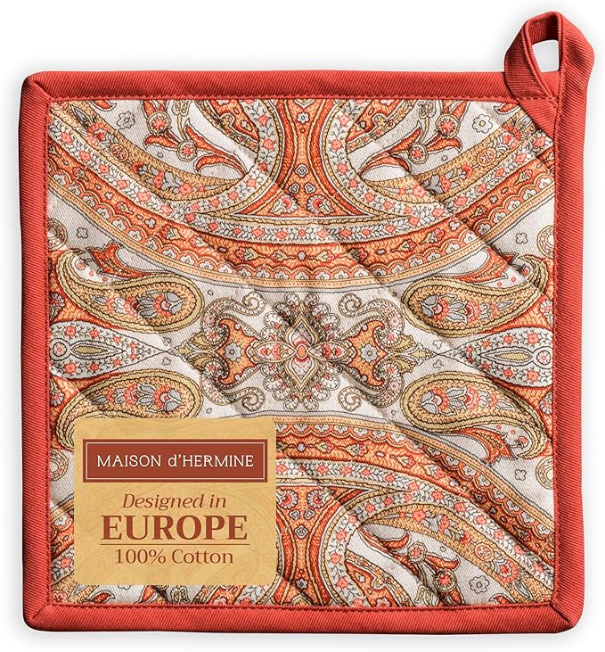 Maison d' Hermine Pot Holders 100% Cotton Heat Resistant Potholders 8" x 8" Hot Pads with Loop BBQ, Cooking, Baking, Grilling, Kitchen, Handling Hot Pans (Pack of 1, Kashmir Paisley)