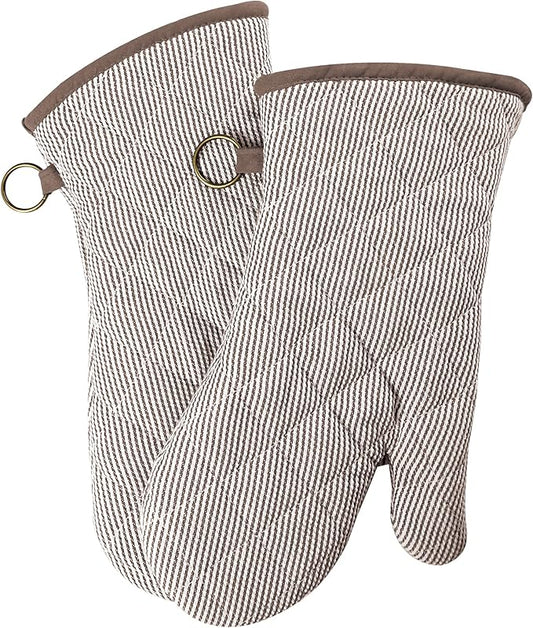 1 Pair Yarn Dyed Oven Mitts 100% Cotton Heat Resistant 470 Degree Gloves Men Women Cooking Baking Barbecue BBQ Microwave Crafting Machine Washable Pot Holders Mittens (Khaki)