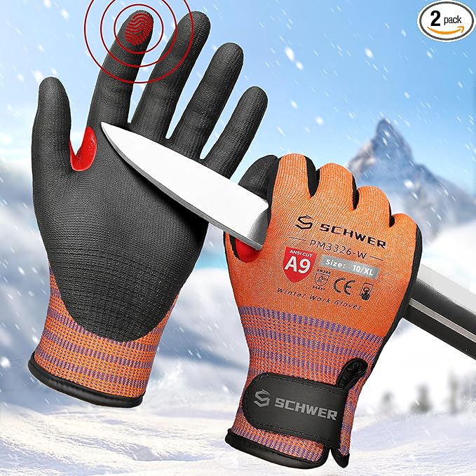 Schwer FreezeGuard-X Winter Work Gloves for Men and Women, ANSI A9 Cut Resistant Gloves for Extreme Protection, Freezer Glove With Super Grip, Thermal Insulated, Non PFAS, PM3326-W (XL,2 Pairs)