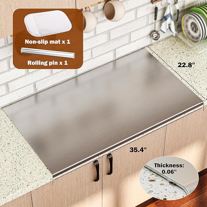Large Cutting Board 35.4" L X 22.8" W Stainless Steel Cutting Board with Lip Metal Baking Board Non Stick Thick Board with Rolling Pin for Meat Fruits Vegetables Bread and Baking