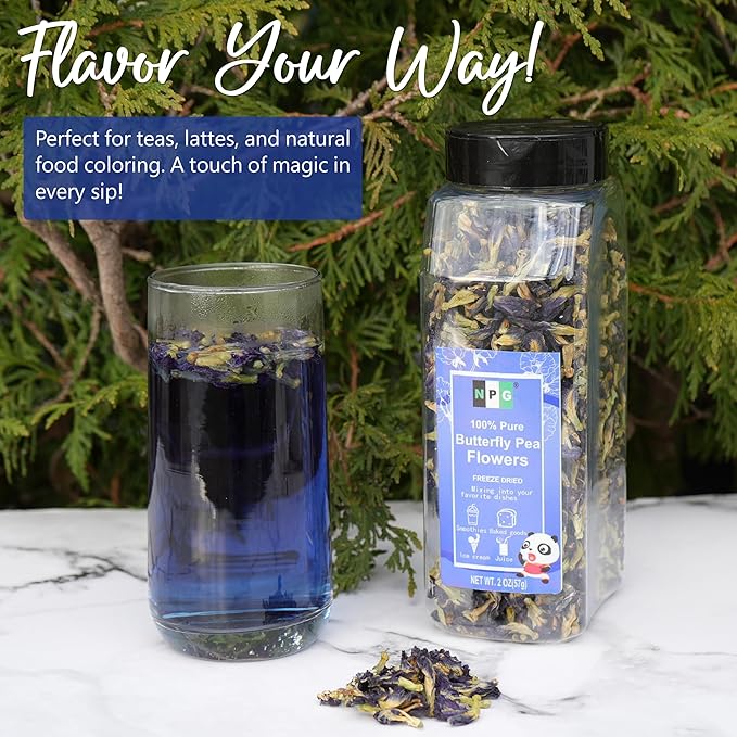 NPG Blue Butterfly Pea Flower Tea 2 Oz, Whole Flower Buds Loose Leaf, Natural Non-GMO Blue Food Coloring for Iced Tea, Cocktails, Caffeine-Free, Approx. 875 Ct