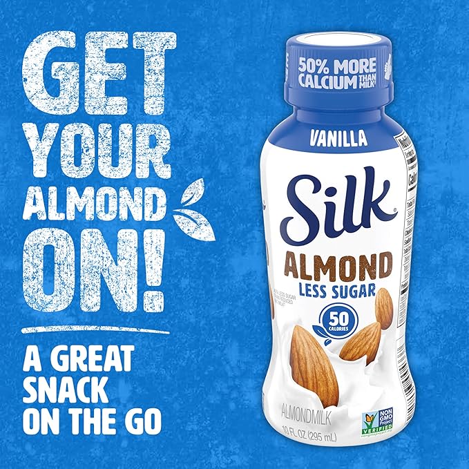 Silk Shelf-Stable Almondmilk, Less Sugar Vanilla, Dairy-Free, Vegan, Non-GMO Project Verified,10 Ounce (Pack of 12)