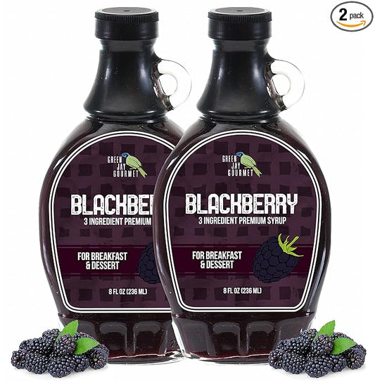 Green Jay Gourmet Blackberry Syrup - 3 Ingredient Premium Breakfast Syrup with Fresh Blackberries, Cane Sugar, Lemon Juice - All-Natural, Non-GMO Pancake Syrup, Waffle Syrup, Dessert Syrup - 2 x 8 Oz