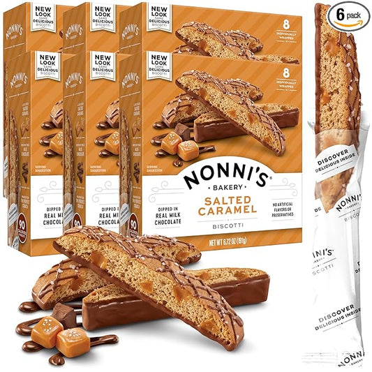 Nonni's Salted Caramel Biscotti Italian Cookies - 6 Boxes - Biscotti Individually Wrapped Cookies - Italian Biscotti Cookies w/Rich Milk Chocolate & Sea Salt - Kosher - 6.72 oz
