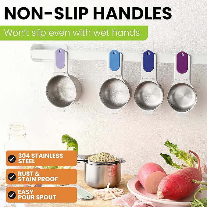 Spring Chef Magnetic Stainless Steel Measuring Cups (Patent Pending), Kitchen Tools with Easy to Read Markings for Measuring Dry or Liquid Ingredients, Set of 7, Winter Frost