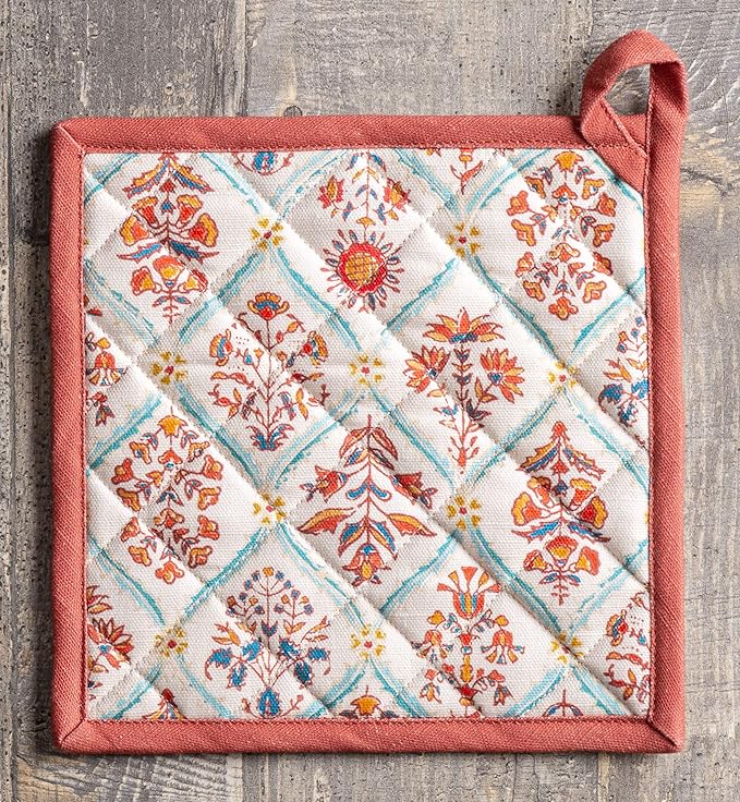 Maison d' Hermine Pot Holders 100% Cotton Heat Resistant Potholders 8" x 8" Hot Pads with Loop BBQ, Cooking, Baking, Grilling, Kitchen, Handling Hot Pans (Pack of 1, Romane)