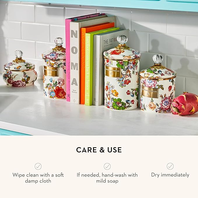 MACKENZIE-CHILDS Small Enamel Canister, Kitchen Storage Container for Flour and Sugar, 1.13 Liters, White Flower Market