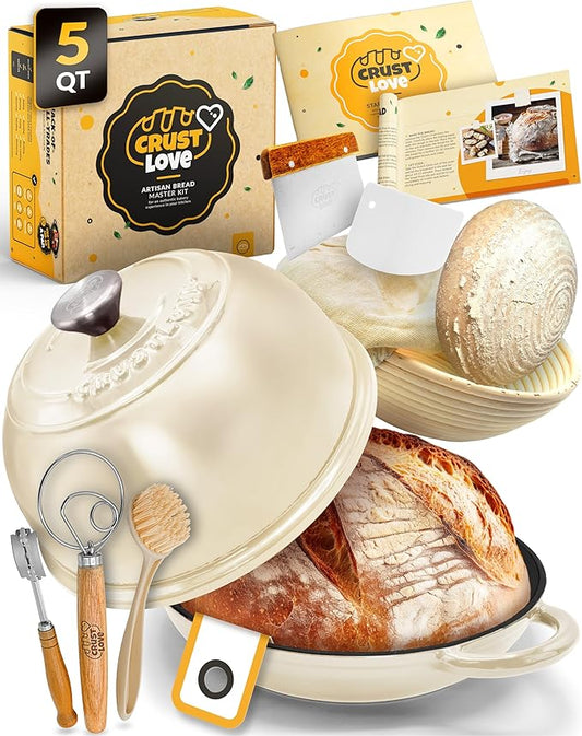 Dutch Oven Bread Baking - 5QT Enamel Bread-Oven - incl Sourdough Bread-Baking Suppliers like Dough Whisk Scoring Lame etc Bread-Dome Cast Iron Bread-Pan with Lid for Sour dough, Bread-making