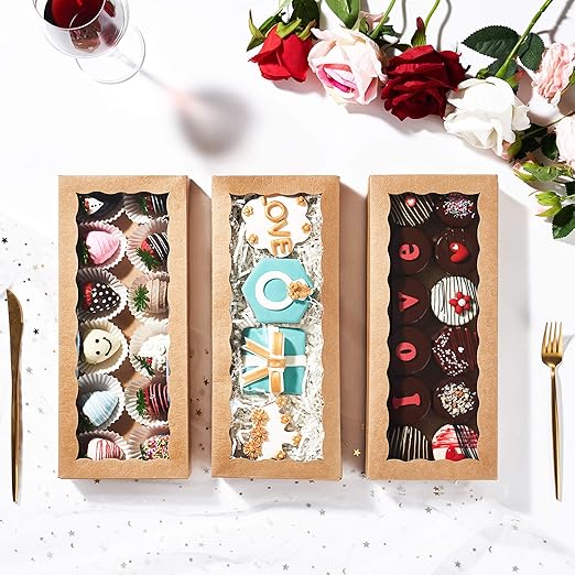 24PCS 12 x 5 x 1.5 inches Auto-Popup One Piece Premium Cookies Boxes, Kraft Brown Macaron Boxes Packaing, Bakery Box for Holiday Cookie Gift Sets