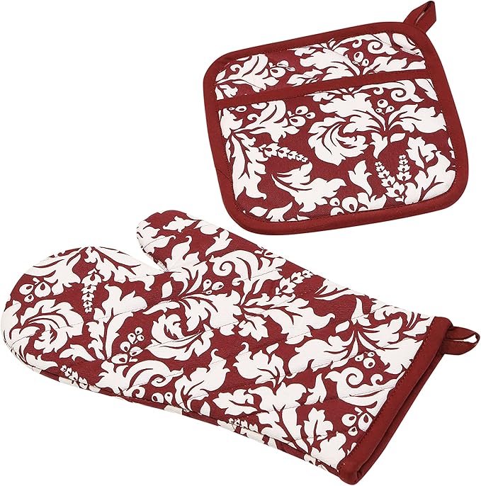 Yourtablecloth Set of Oven Mitt and Pot Holder or Oven Gloves-100% Cotton, High Heat Resistance, Superior Protection & Comfort–Elegant Design-Machine Washable-BlackBerry