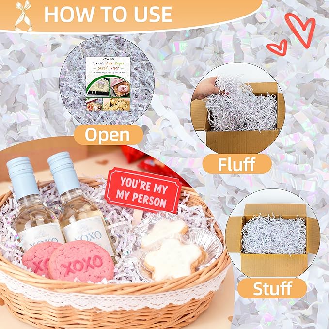 Crinkle Cut Paper 7oz Shredded Packing Grass Cushion Paper for Gift Baskets Christmas Wedding Birthday Bridesmaid Engagement Craft Gift boxes Bags Filler (Diamond White)