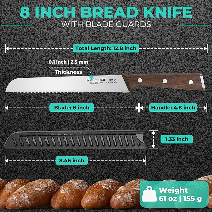 HAUSHOF Bread Knife with Sheath, 8-Inch Serrated Bread Knife for Homemade Bread, 5Cr15Mov Premium Stainless Steel Bread Cutter with Gift Box for Mom Dad, Full Tang and Ergonomic Handle