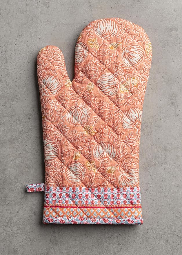 Maison d' Hermine 100% Cotton Oven Mitt & Pot Holder Set (7.5"x13" & 8"x8") Heat Resistant BBQ Cooking Gloves with Loop, Baking, Grilling, Kitchen, Handling Hot Pans (Harvest Festival)