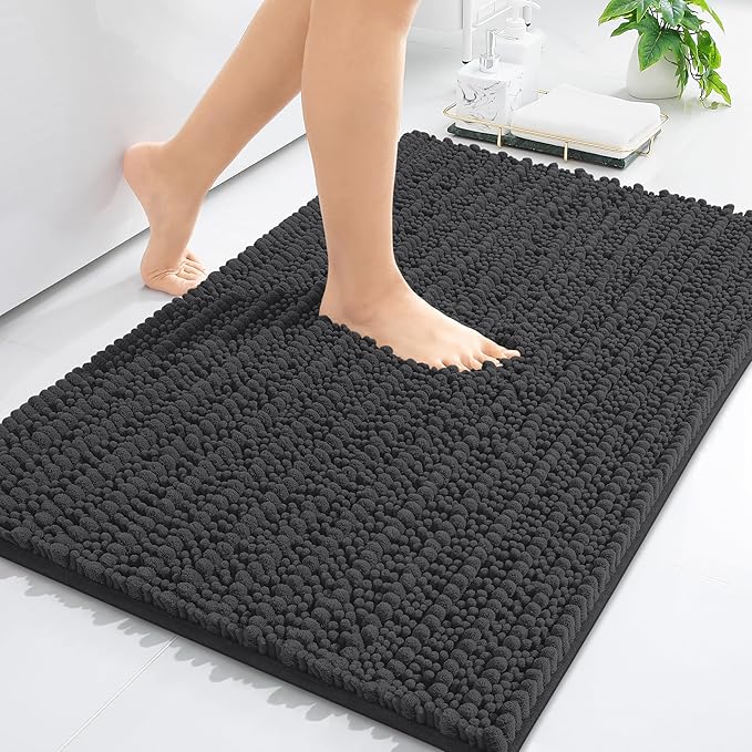 Arotive Luxury Chenille Bathroom Rug Mat, Extra Soft Thick Absorbent Shaggy Bath Rugs, Non-Slip Machine Wash Dry, Plush Bath Mats for Bathroom, Shower and Tub, 30x17, Dark Grey