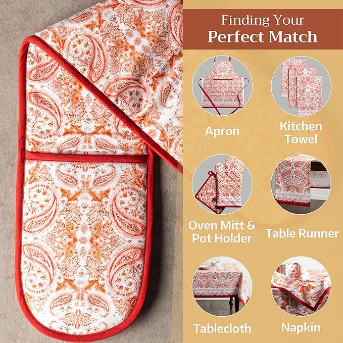 Maison d' Hermine Double Oven Mitts 100% Cotton 7"x35" Double Oven Mitt Heat Resistant BBQ Cooking Gloves with Loop, Baking, Grilling, Home, Kitchen, Handling Hot Pans (Orient)