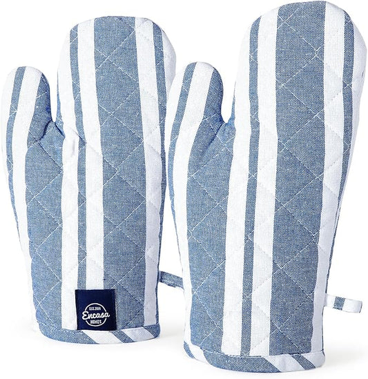 Encasa XO Long 12"x7" Oven Microwave Hand Gloves Mitts (2 pc Set) for Kitchen Cooking & Baking - Heat Resistant, Thick & Safe, Protection of Hands from Hot Utensils - Franca Blue Stripes