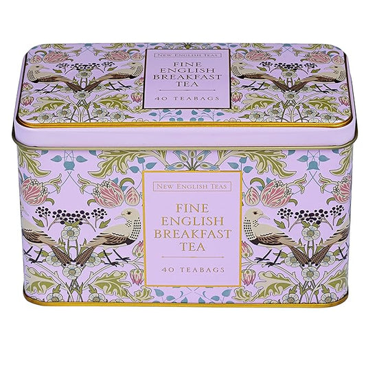 New English Teas Song Thrush and Berries Tea Tin in Pink with 40 English Breakfast Teabags